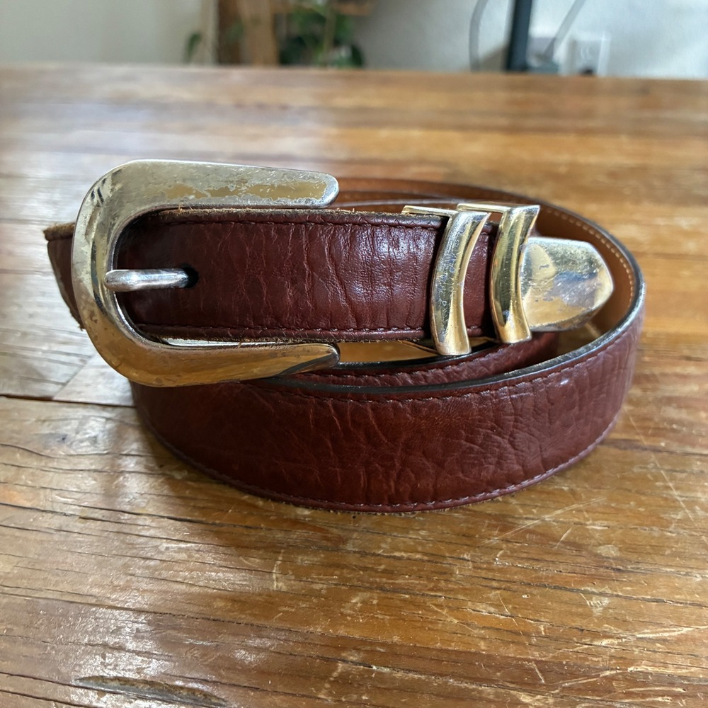 Orvis Full Grain American Bison Leather Belt Mens Size 44 Brown Silver Hardware